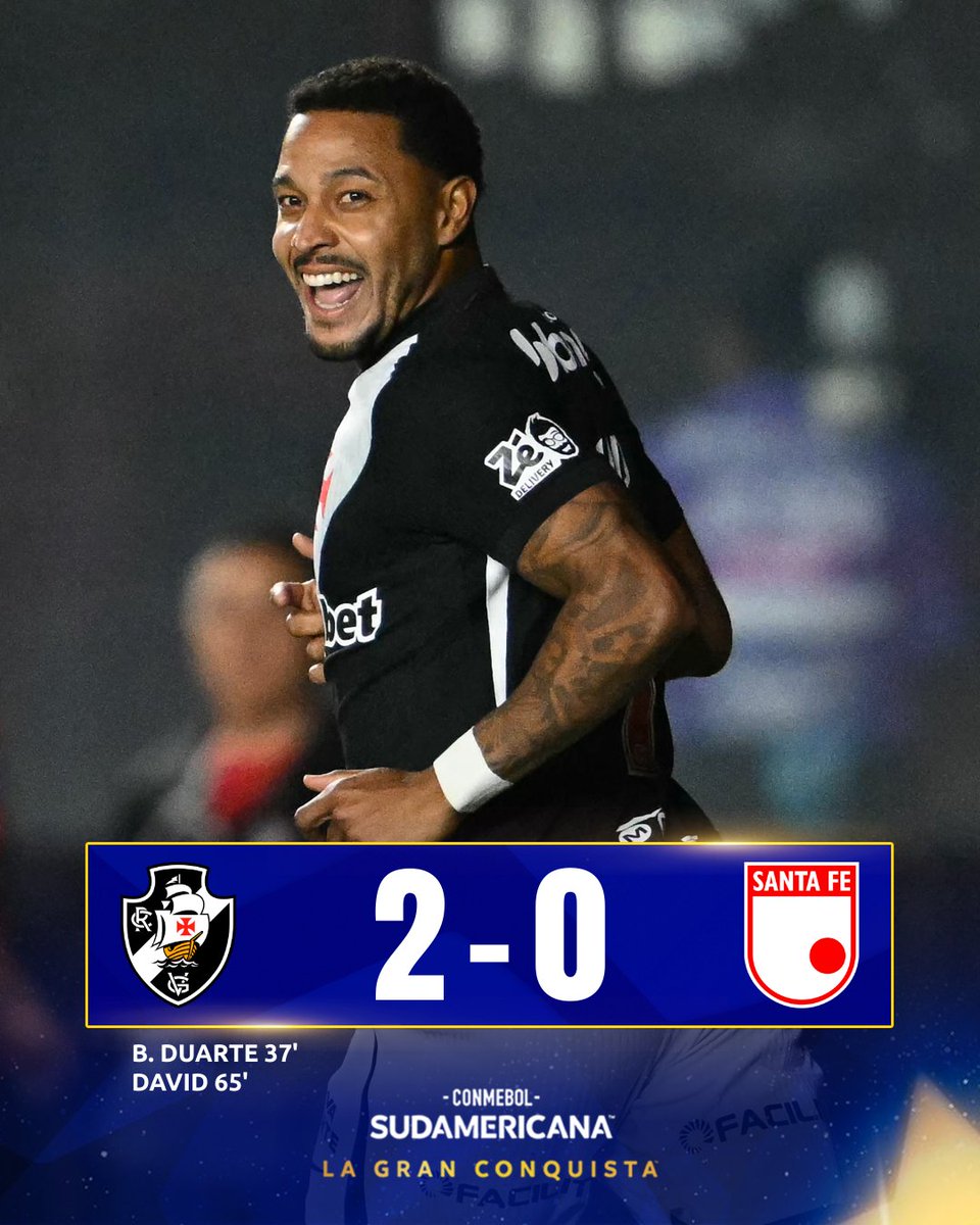 Sudamericana's tweet photo. 🇧🇷🏆 ¡Triunfo y clasificación! @VascodaGama venció a @SantaFe y se metió entre los cuatro mejores de la CONMEBOL #Sudamericana. https://t.co/aODVTpUKWq