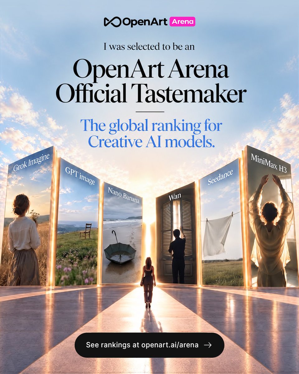 ronxxstudio's tweet photo. was selected as an Official Tastemaker for OpenArt Arena and got to be part of the evaluation process, blind-testing leading creative AI models and helping shape the final rankings. The first rankings are now live. See which models came out on top: https://t.co/kMnLQpAqSN https://t.co/48JawJ6ty4