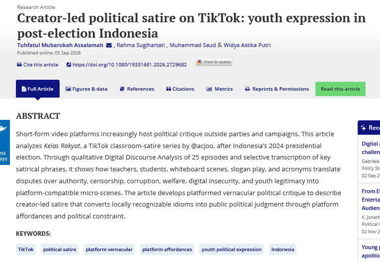 JITP_APSA's tweet photo. 🆕This study analyzes the #TikTok classroom satire series #KelasRakyat after #Indonesia’s 2024 presidential election, developing a platformed vernacular political critique of creator-led satire related to public political judgment @DrMuhSaud @Unair_Official https://t.co/bJyKDflxlb