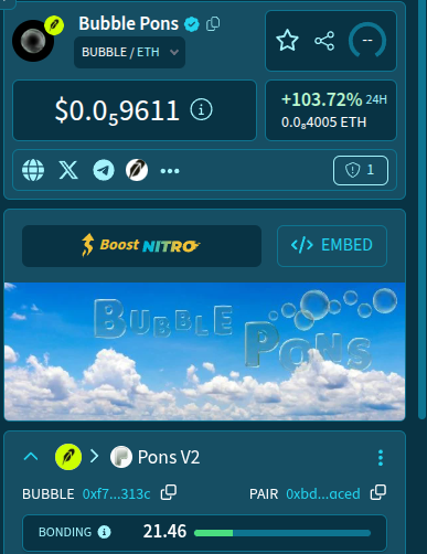 BubblePons's tweet photo. Dextools profile has been updated for $BUBBLE 🫧

Chart: https://t.co/WaS9M3qf8f