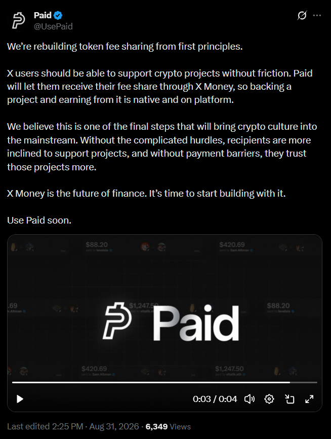 apothrr's tweet photo. Aug 31: @UsePaid outlines token fee payouts through X Money.

Sept 13: xLink introduces a similar concept as “the first protocol.”

13 days later.

$PAID was already publicly describing the idea. The timestamps are right there. 👇 https://t.co/JTPLYgRn0U