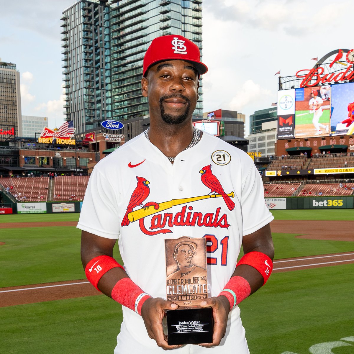 Cardinals's tweet photo. A star on and off the field! Congratulations to Jordan Walker on being selected as our 2026 Roberto Clemente Award nominee!

Fans can vote to help select the league-wide Clemente Award winner, given annually to the player who best represents the game through extraordinary character, community involvement, philanthropy, and positive contributions on and off the field, at https://t.co/O2m8dqU9A1.