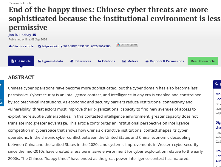 JITP_APSA's tweet photo. New Publication 🚨 This study contributes to an institutional perspective on intelligence competition in #cyberspace that shows how #China’s institutional context shapes its cyber operations @jonrlindsay @GeorgiaTech
📚https://t.co/i6bBzf3KPL https://t.co/d3XuqjRmrm