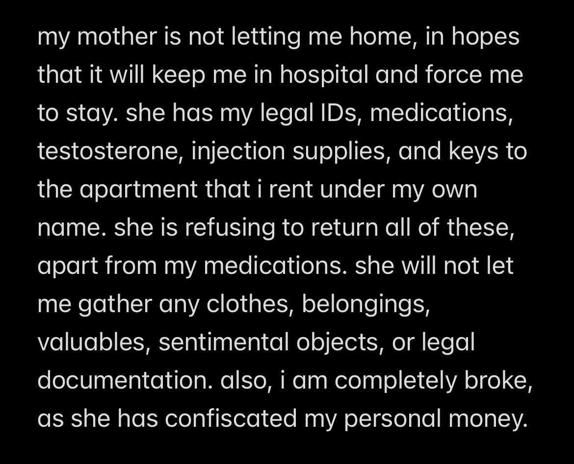 Dr_Christiann's tweet photo. it’s me, i’m back. i’m escaping forced IP, but i’m also in an emergency situation in terms of housing finances, and my abusive mother. please share this as much as u can &amp; feel free to dm, i’m so fucking desperate rn https://t.co/oZ9IE5hwS4