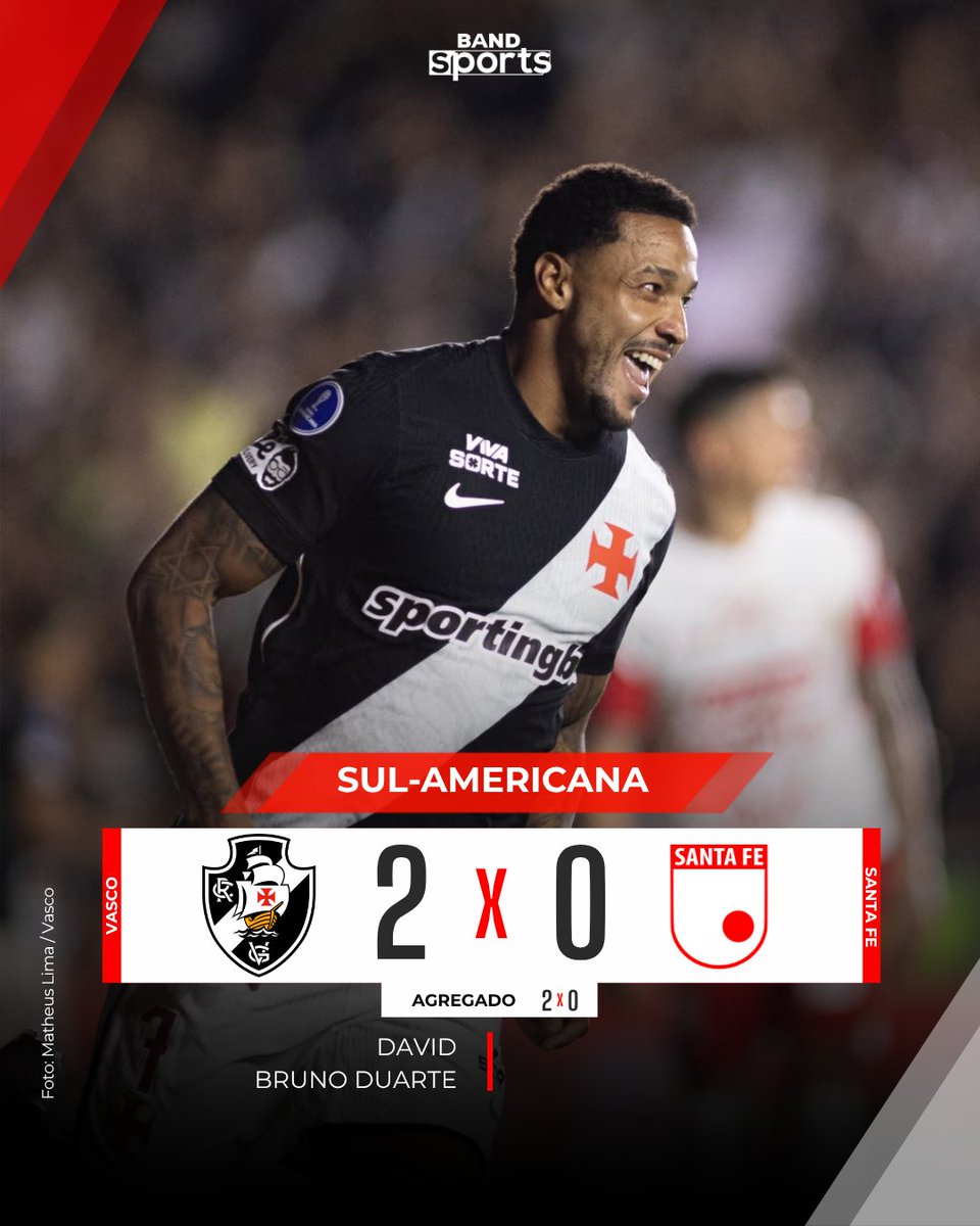 bandsports's tweet photo. EM CAMPO O TREM TÁ SOLTO 🎶💿💢 O Vasco recebeu o Santa Fe dentro de casa pelo jogo de volta das quartas de final da Sul-Americana e saiu vitorioso pelo placar de 2x0. Bruno Duarte abriu o placar e David fechou a conta para o Cruzmaltino!
#BandSports #Vasco #SantaFe #BrunoDuarte #David