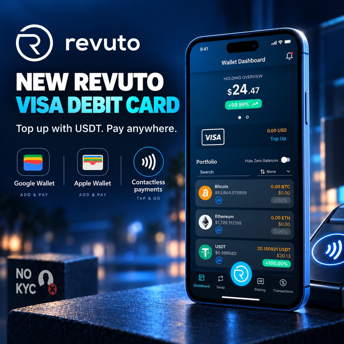 v_vukman's tweet photo. IMPORTANT: We're integrating a new banking provider to issue non-KYC Visa virtual debit cards that support $USDT top-ups and Apple/Google Wallets. New @get_revuto apps will soon be available on the Apple/Google stores. 

Old VISA cards stay unaffected by this change, while new cards have new terms: 

1 - The starting balance on the new card is now $5, which is why the card issuance cost has increased to $10.

2 -  The fixed portion of the top-up fee has decreased from $1 to $0.15, but we'll keep adding $1 to each top-up to suit old VISA debit card top-ups. On each top-up, we'll add the $0.85 difference to new card owners. 

3) The 3DS/OTP verification code now arrives via webhook but will also be sent to the user's email. 

4) Spending limits have been drastically increased, something you'll rarely find in other apps. 
Per transaction: $30,000
Daily: $200,000
Monthly: $1,000,000

5) Bank fees on card spending are as follows:
Authorization/declined payment: $0.3, FX: 1.5%

Everything else about the card remains fully consistent with the previous card (including restricted spending categories and countries).