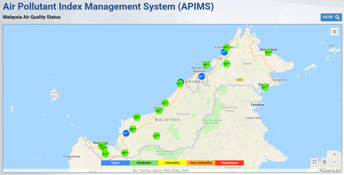 IzzraifHarz's tweet photo. This morning, all stations in Sabah &amp; Sarawak recorded moderate &amp; good API readings. Finally they can breathe clean air and see blue skies after so long!

On the other hand, the whole of Semenanjung got haze, with around 87% of stations recording unhealthy air quality as of 7am. https://t.co/IyBAjF5sKz
