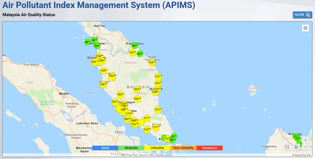 IzzraifHarz's tweet photo. This morning, all stations in Sabah &amp; Sarawak recorded moderate &amp; good API readings. Finally they can breathe clean air and see blue skies after so long!

On the other hand, the whole of Semenanjung got haze, with around 87% of stations recording unhealthy air quality as of 7am. https://t.co/IyBAjF5sKz