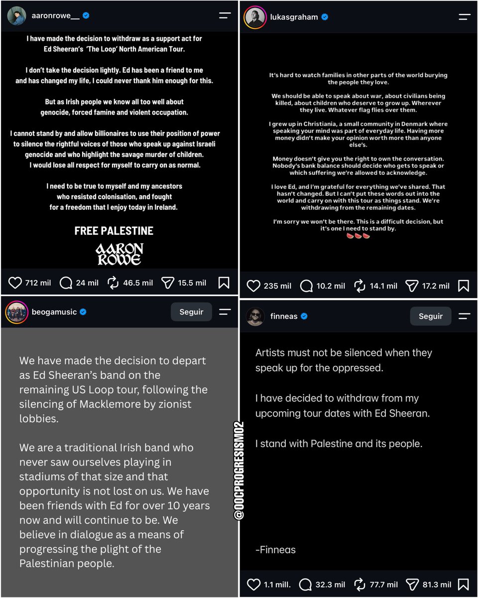 OOCprogresismo2's tweet photo. 🇬🇧🇺🇸🇵🇸 El comunicado de Ed Sheeran tras el boicot de los teloneros de su gira por USA, quienes lo abandonan por no apoyar a Palestina:

“Los que van a mis conciertos no esperan un foro político. Tengo mi opinión. Sólo porque no la haga pública no significa que no la tenga”. https://t.co/lBaXgX10RV