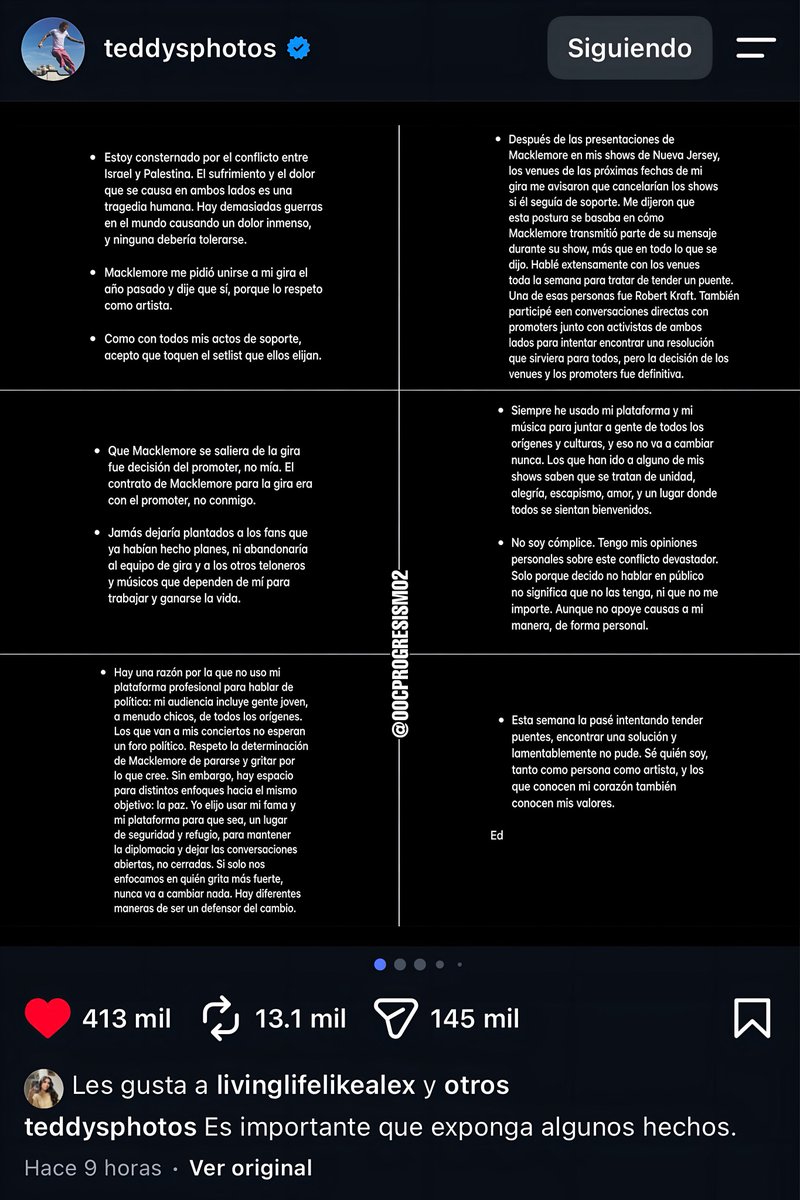 OOCprogresismo2's tweet photo. 🇬🇧🇺🇸🇵🇸 El comunicado de Ed Sheeran tras el boicot de los teloneros de su gira por USA, quienes lo abandonan por no apoyar a Palestina:

“Los que van a mis conciertos no esperan un foro político. Tengo mi opinión. Sólo porque no la haga pública no significa que no la tenga”. https://t.co/lBaXgX10RV