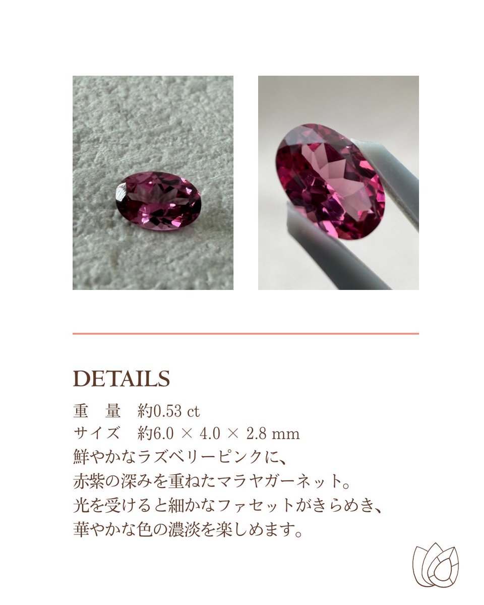 haruirogems's tweet photo. ラズベリーピンクに赤紫の深みを重ねた、華やかなマラヤガーネット。

光を受けると細かなファセットがきらめき、角度によって豊かな色の濃淡を楽しめます💎

0.535ct／約6.0×4.0×2.8mm
オンラインショップに掲載中です。

#マラヤガーネット #ルース https://t.co/1N5EPiew7D