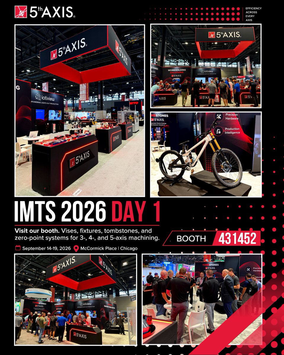 fifthaxis's tweet photo. IMTS so far has been a success! Day 1 brought great conversations, strong booth traffic, and plenty of opportunities to showcase 5th Axis workholding solutions.

Stop by our booth to explore vises, fixtures, tombstones, and zero-point systems for 3-, 4-, and 5-axis machining. https://t.co/dUL02rZdZk