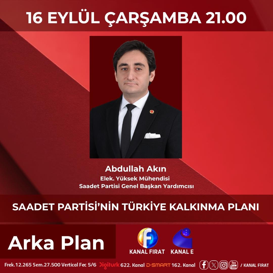 abdullahakin's tweet photo. Çarşamba günü saat 21.00’de Kanal Fırat’ta Saadet Partisi Türkiye Kalkınma Planı’nı anlatacağım.

🇹🇷 Türkiye’nin ana meseleleri nelerdir?
🔎 Bu meselelerin temel sebepleri nelerdir?
📈 Saadet Partisi olarak hangi plan ve projelerle bu sorunları çözeceğiz?

Üretimden teknolojiye, sanayiden istihdama Türkiye’nin kalkınma yol haritasını konuşacağız.

Hemşehrilerimiz başta olmak üzere tüm vatandaşlarımızı ekran başına davet ediyorum.

Çarşamba | 21.00 | Kanal Fırat
#KanalFırat #SaadetPartisi #TürkiyeKalkınmaPlanı