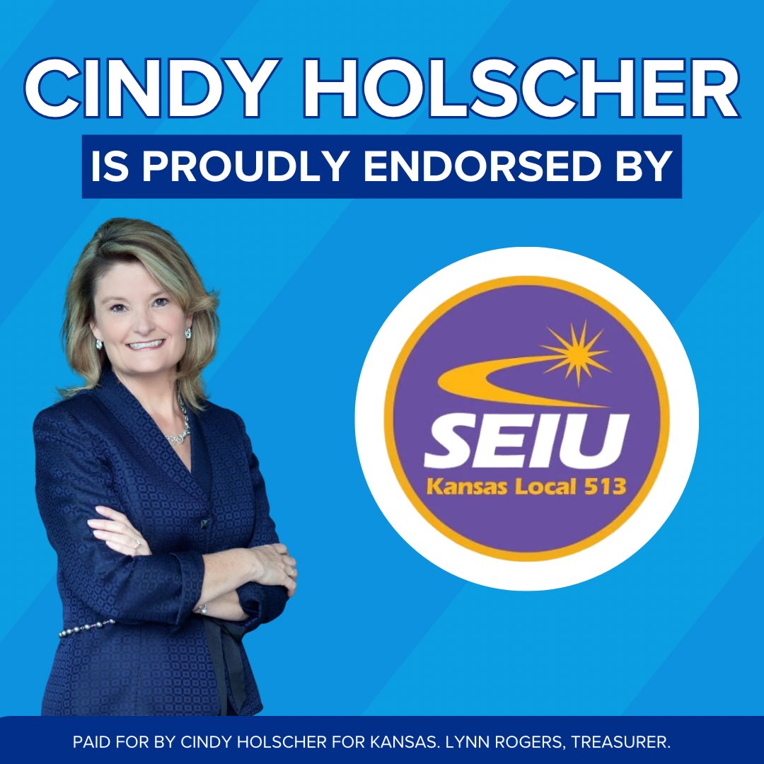 cindy4kansas's tweet photo. I’m grateful to be endorsed by Service Employees International Union (SEIU) Local 513! This union represents 3,500 Kansas employees, from support staff to public employees to zookeepers. As governor, I’ll stand with our union workers and ensure they have livable wages, safe workplaces, and a seat at the table.