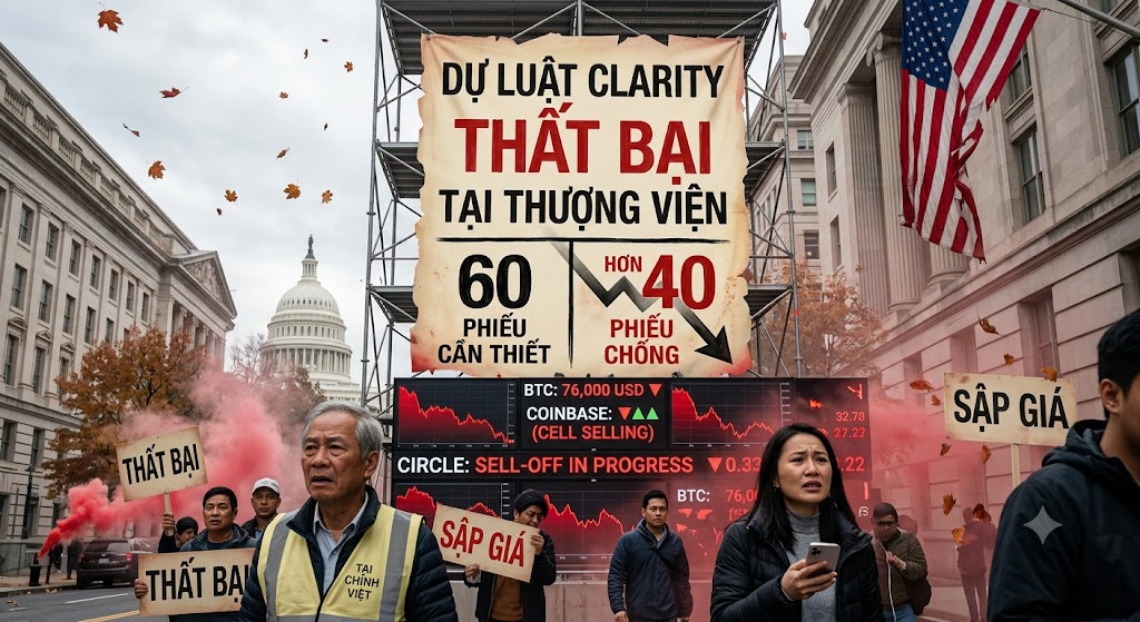 leambition2023's tweet photo. Dự luật CLARITY thất bại tại Thượng viện

Thượng viện đã bác bỏ kiến ​​nghị chấm dứt tranh luận (cloture) đối với dự luật CLARITY – cần 60 phiếu để bắt đầu thảo luận, nhưng hơn 40 thượng nghị sĩ đã bỏ phiếu chống. Giá BTC trượt về mốc 76.000 USD, trong khi cổ phiếu của Coinbase và Circle bị bán tháo.