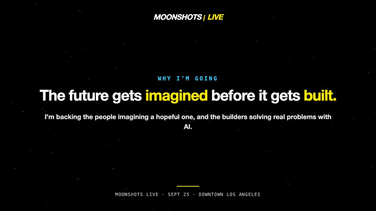 PatriciaDJolley's tweet photo. I'll be in the room. Moonshots LIVE · Sept 25 · downtown LA. $5M+ in XPRIZE checks handed out live on stage, hosted by @PeterDiamandis. @moonshots_pod https://t.co/Y45IAcExhc