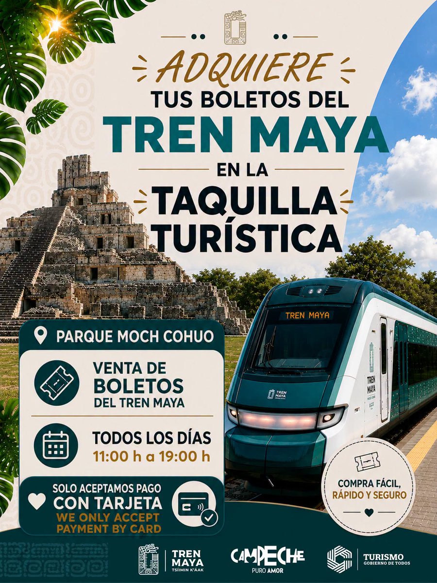 Walther_Patron's tweet photo. ¡Viaja por Campeche a bordo del Tren Maya! Adquiere tus boletos en la taquilla turística ubicada en el Parque Moch Cohuo. https://t.co/zw53zs7bl5