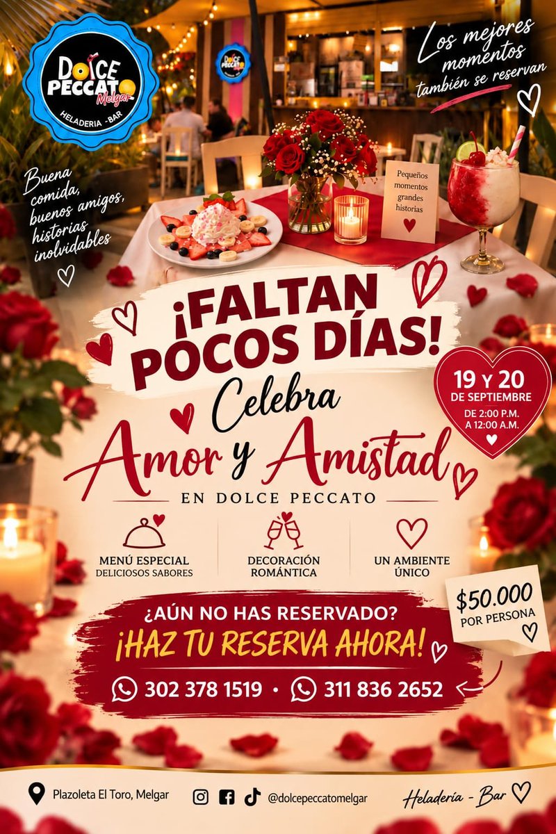 DialoguemosHoy's tweet photo. ❤️ ¡FALTAN POCOS DÍAS! ❤️
Celebra Amor &amp; Amistad en Dolce Peccato
✨ Menú especial + decoración romántica
$50.000 por persona
📅 19 y 20 de septiembre
⏰ 2:00 p. m. – 12:00 a. m.

¡Haz tu reserva ahora!
📲 WhatsApp 302 378 1519
Los mejores momentos también se reservan. ❤️ https://t.co/8UUkBOdMI8