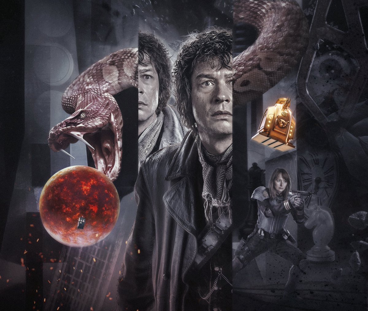 ThatTallGinger's tweet photo. When your sleep paralysis demon is a giant snake… 🐍 

Getting dreamy with @bigfinish for this cover. HUGE thanks to @ThePrydonian for the perfect battle TARDIS 🔥🙏

#doctorwho https://t.co/q17uPTsy4C