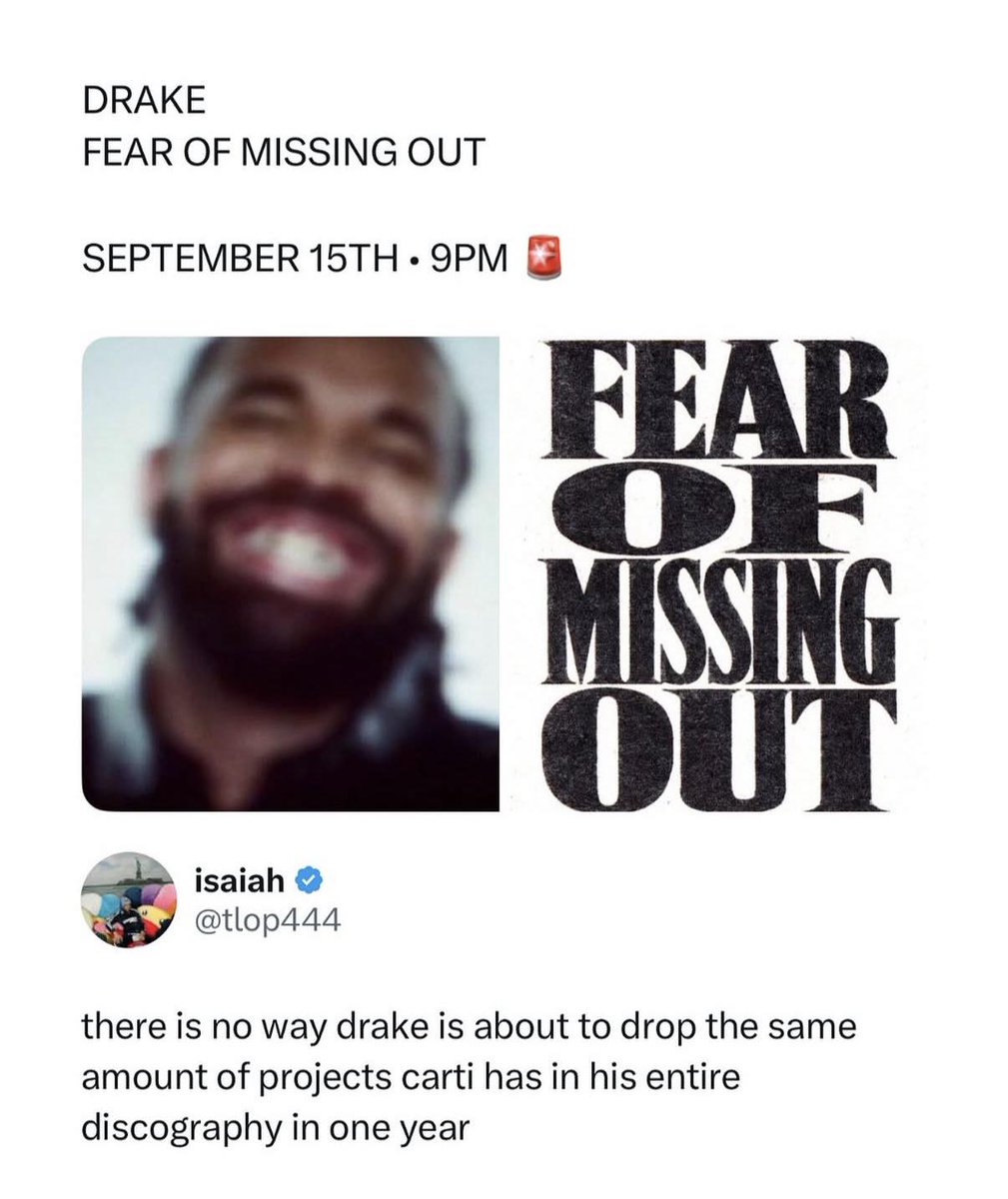 LeesaTenengt's tweet photo. Drake has already released three projects in 2026—“Iceman, ” “Habibti” and “Maid of Honour”—all in May. Now he appears readying another release, “Fear of Missing Out, ” premiering on YouTube September 15 at 9 p. m. ET. Details remain unknown. https://t.co/A65nTljArd