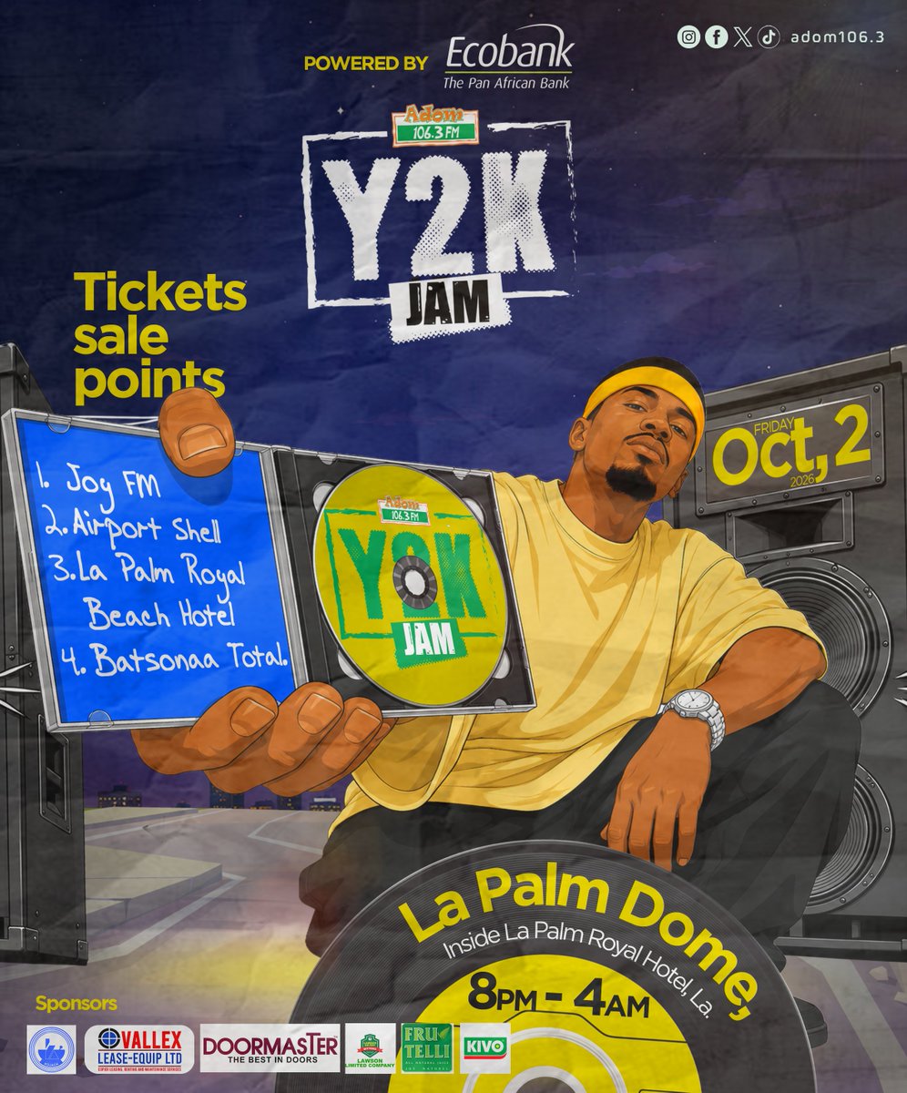 Adom1063fm's tweet photo. 🚨 ACCRA, ARE YOU READY?!
ADOMY2K is taking over The Dome at La Palm Royal Beach Hotel! 🪩🔥
📅 2 OCTOBER 2026
⏰ 8PM
🎟️ Grab your tickets at Joy FM • Baatsonaa • Total Airport Shell • La Palm Royal Beach Hotel
OR Dial *725*3404# for your ticket now.
#ADOMY2K #2knight https://t.co/dTry0MIE0r