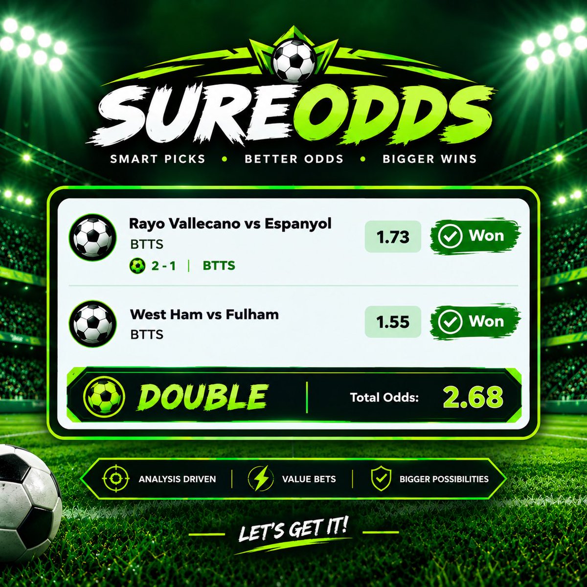 SureOddsHQ's tweet photo. WINNER 🏆 🏆🏆

🔹 Rayo Vallecano vs Espanyol — BTTS ✅
🔹 West Ham vs Fulham — BTTS ✅

Total Odds: 2.68 ✅ https://t.co/zwUKeRSLbA