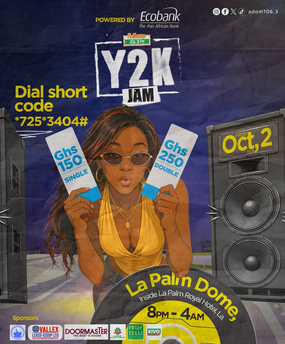 Adom1063fm's tweet photo. 🚨 ACCRA, ARE YOU READY?!
ADOMY2K is taking over The Dome at La Palm Royal Beach Hotel! 🪩🔥
📅 2 OCTOBER 2026
⏰ 8PM
🎟️ Grab your tickets at Joy FM • Baatsonaa • Total Airport Shell • La Palm Royal Beach Hotel
OR Dial *725*3404# for your ticket now.
#ADOMY2K #2knight https://t.co/dTry0MIE0r