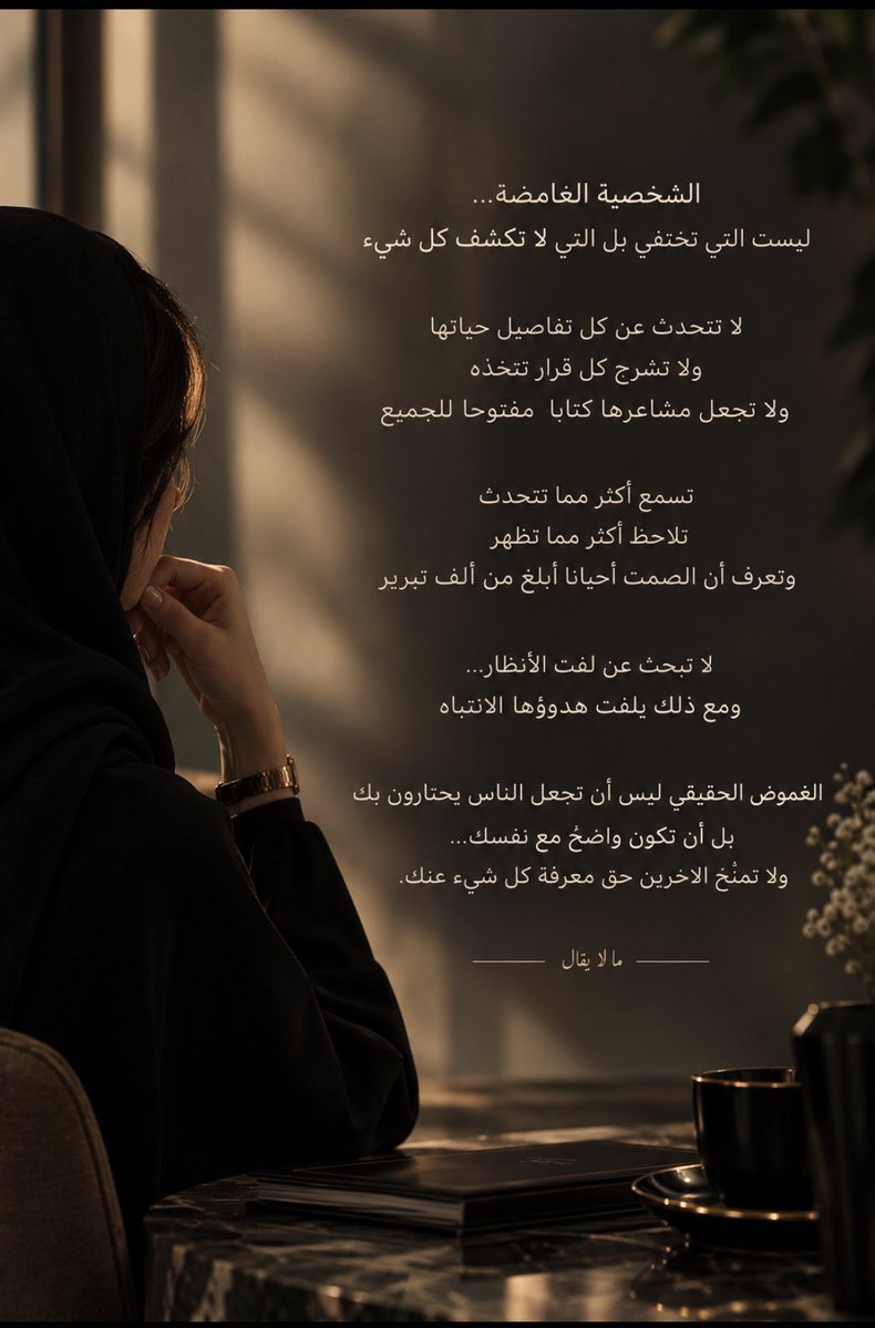amna6638's tweet photo. الغموض الحقيقي ليس أن تجعل الناس يحتارون بك
بل أن تكون واضح مع نفسك…
ولا تمنح الآخرين حق معرفة كل شيء عنك. https://t.co/OGdNIiiWx1