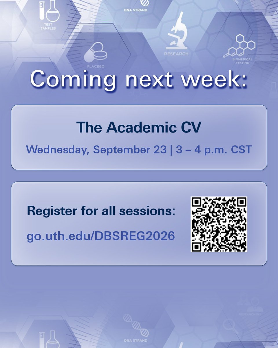 MDA_UTHGrad's tweet photo. 📝 Ready to make your graduate school application stand out?

Join us tomorrow at 3 p.m. for Discover Biomedicine: Crafting a Winning Personal and Research Statement. Hear from Assistant Dean for Career and Alumni Engagement Raquel Ybañez Salinas, PhD, as she share tips and tricks for crafting an effective personal and research statement that highlights your experiences, interests, and goals. goals.

🔗 Find all sessions and register: https://t.co/23M4sqSzd3

#WeAreGSBS #DiscoverBiomedicine