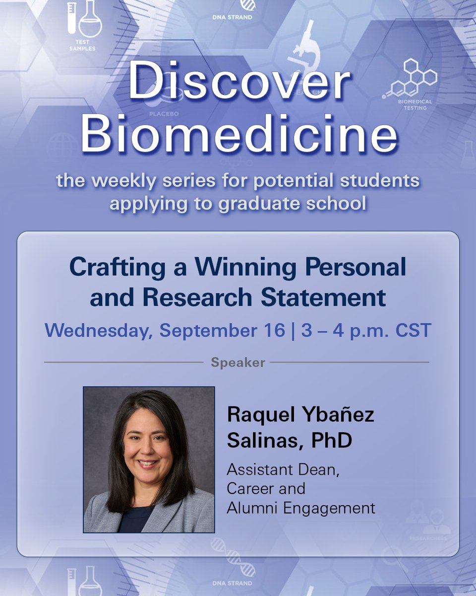 MDA_UTHGrad's tweet photo. 📝 Ready to make your graduate school application stand out?

Join us tomorrow at 3 p.m. for Discover Biomedicine: Crafting a Winning Personal and Research Statement. Hear from Assistant Dean for Career and Alumni Engagement Raquel Ybañez Salinas, PhD, as she share tips and tricks for crafting an effective personal and research statement that highlights your experiences, interests, and goals. goals.

🔗 Find all sessions and register: https://t.co/23M4sqSzd3

#WeAreGSBS #DiscoverBiomedicine