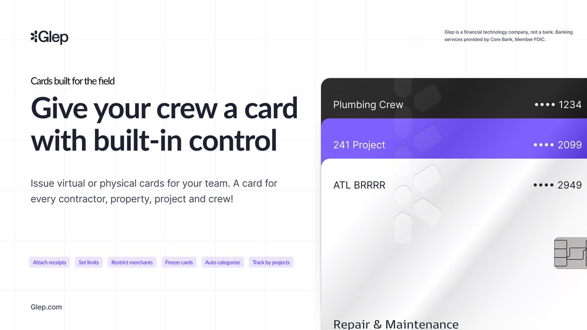 AndrewAirelob's tweet photo. Glep cards are built for the field.
Operators can issue virtual or physical cards with built-in controls, one per contractor, property or project.
Balance-based, with no personal guarantee. https://t.co/cMeLvHVO46