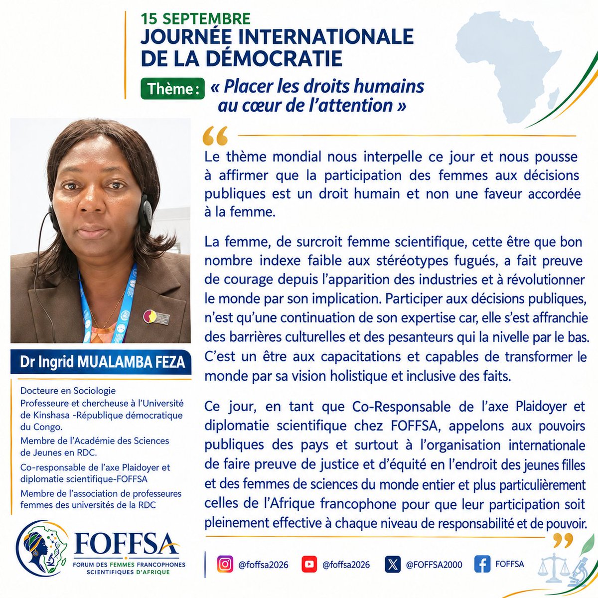 FOFFSA2000's tweet photo. 15 septembre | Journée internationale de la démocratie 

le FOFFSA partage la réflexion du Dr Ingrid MUALAMBA FEZA sur la participation des femmes aux décisions publiques, sous l’angle du droit, de la justice et de l’équité.
> #FOFFSA #Démocratie #DroitsHumains https://t.co/lm8EQUnpep