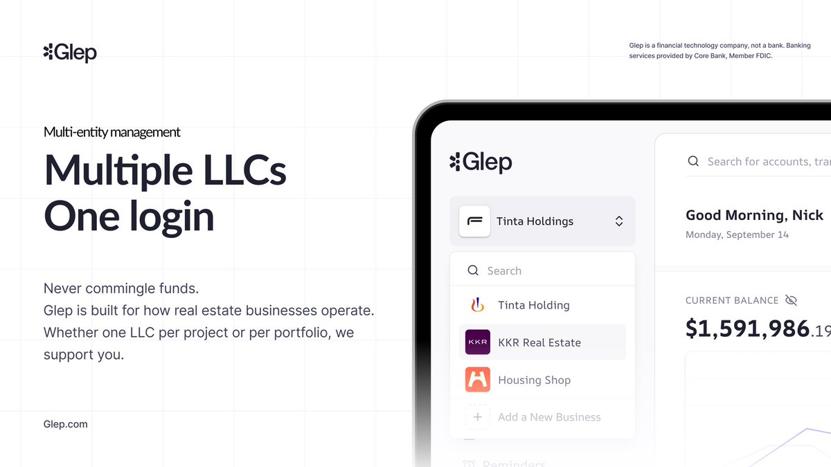 AndrewAirelob's tweet photo. Glep is multi-entity by default. One LLC
per property or one LLC for the whole portfolio, every entity sits independently under one login, and nothing commingles. https://t.co/TKtfgTbFLW