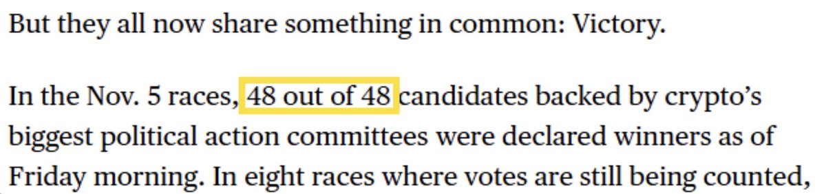 EricBalchunas's tweet photo. Clarity dead. 50 no votes. Immediately thought og this Bloomberg piece about how crypto supported candidates went 48 for 48 last election (which incl Ds, Rs, incumbents, challengers, shoo-ins, longshots). Personally, I wouldn't piss them off them, but hey, you got to do what you got to do. Nov should be interesting, 15 of the 50 are up for election, according to my quick AI query.
