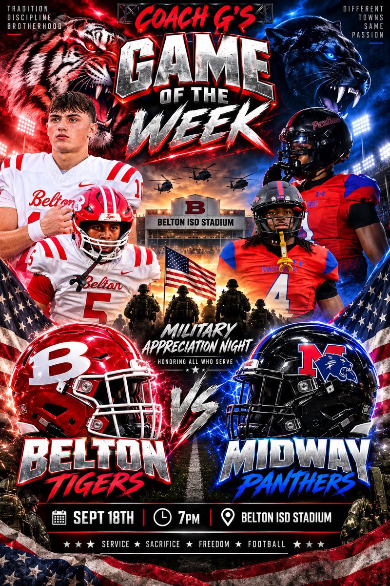 streetziam's tweet photo. Friday Night Lights, and we have a really big one this Friday, September 18! 
3-0 @BeltonTigerFB @CoachMann92 vs 2-1 @MidwayFB @joe_gillespi3 @Matt_Stepp817 @DavidSmoak 

PTW: 
@Gavinross05 @BeckettButler08 @Simmo49556Jaxon @AzianWilkinson1 @Will_Shepard12 @JavidNua @angelzarate50 @CasonMorton_8 @Ben_Gutierrez1 @GChambley08 @OakleyTorres25

@LathanWhisento @BradyPate5 @JacobyHamilton_ @6CarlSimmons @caden_byrd_ @AidanMaxwell78 @SloanBlackwell @JeydenVonn @aydian3x @_Noah_Friesen15 @CortStrickland @marcus_cainjrD1