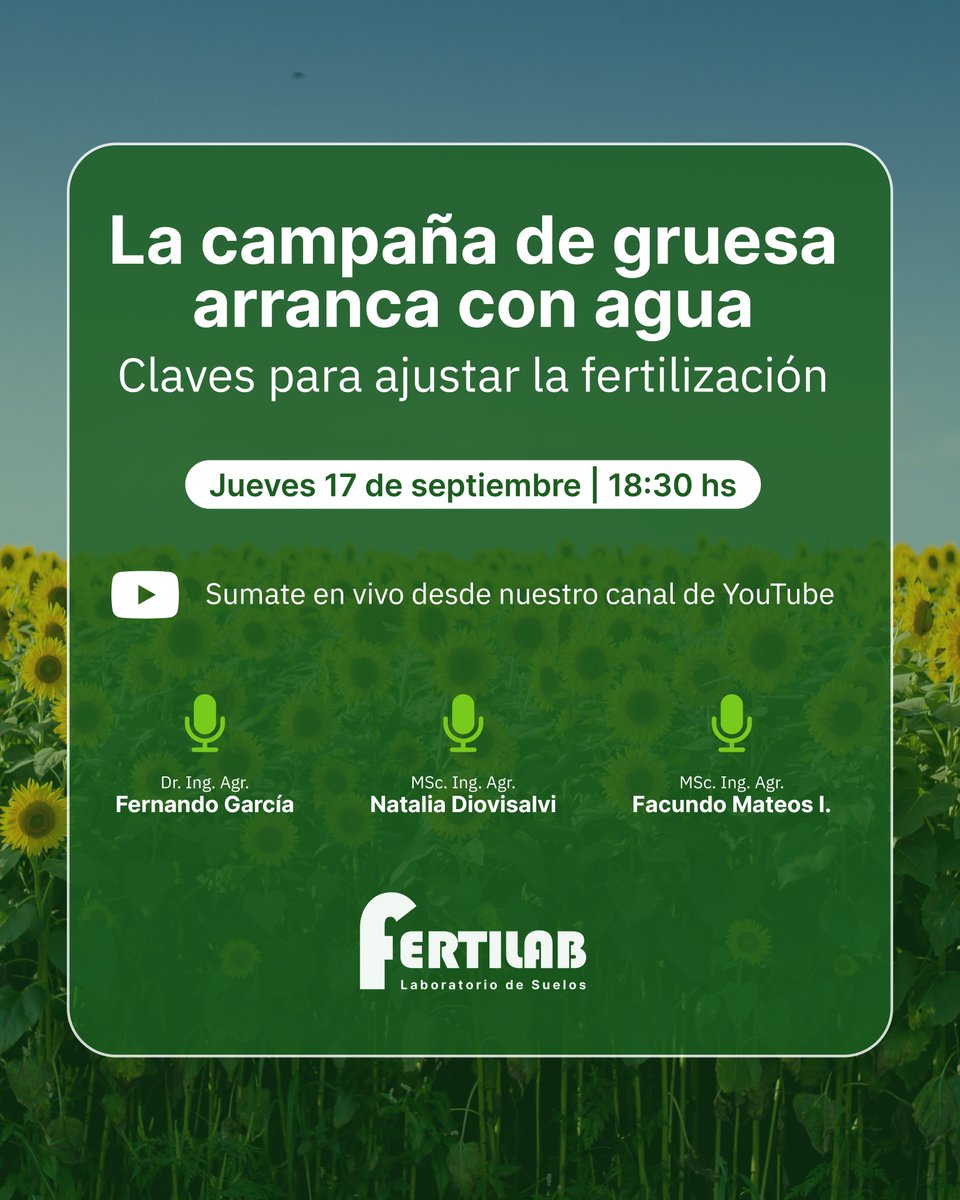 FertilabLab's tweet photo. 🌱 La campaña de gruesa arranca con agua
Claves para ajustar la fertilización

📅 Jueves 17 de septiembre | 18:30 hs
💻 En vivo por nuestro canal de YouTube 👉  https://t.co/uQcmugxwo0 https://t.co/vlDSm2HD1k