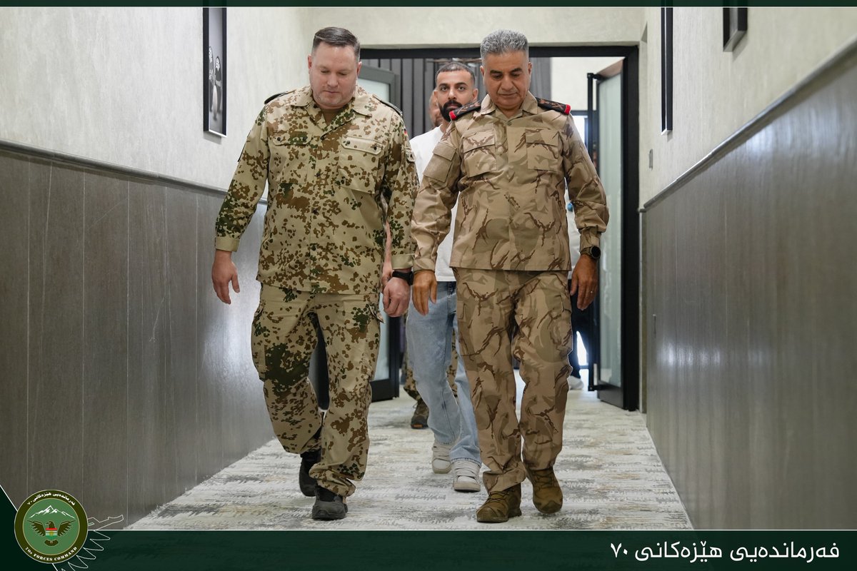AreaCommad2's tweet photo. Staff Lt. Gen. Omar Salih Hassan, Commander of Forces 70, received Lt. Col. Rüdiger, a military advisor to the German military contingent in the Kurdistan Region, and his delegation on Sept. 14. The visit marked the conclusion of Rüdiger’s mission in the Region.

The two sides discussed the unification of the Peshmerga forces and recent progress. Staff Lt. Gen. Hassan commended Germany’s contributions to the Global Coalition to Defeat ISIS, including medical assistance, logistical support and training.

Staff Lt. Gen. Hassan expressed appreciation to German Armed Forces personnel for their continued support of Peshmerga unification efforts. The meeting concluded with an exchange of gifts as a gesture of mutual respect and partnership.