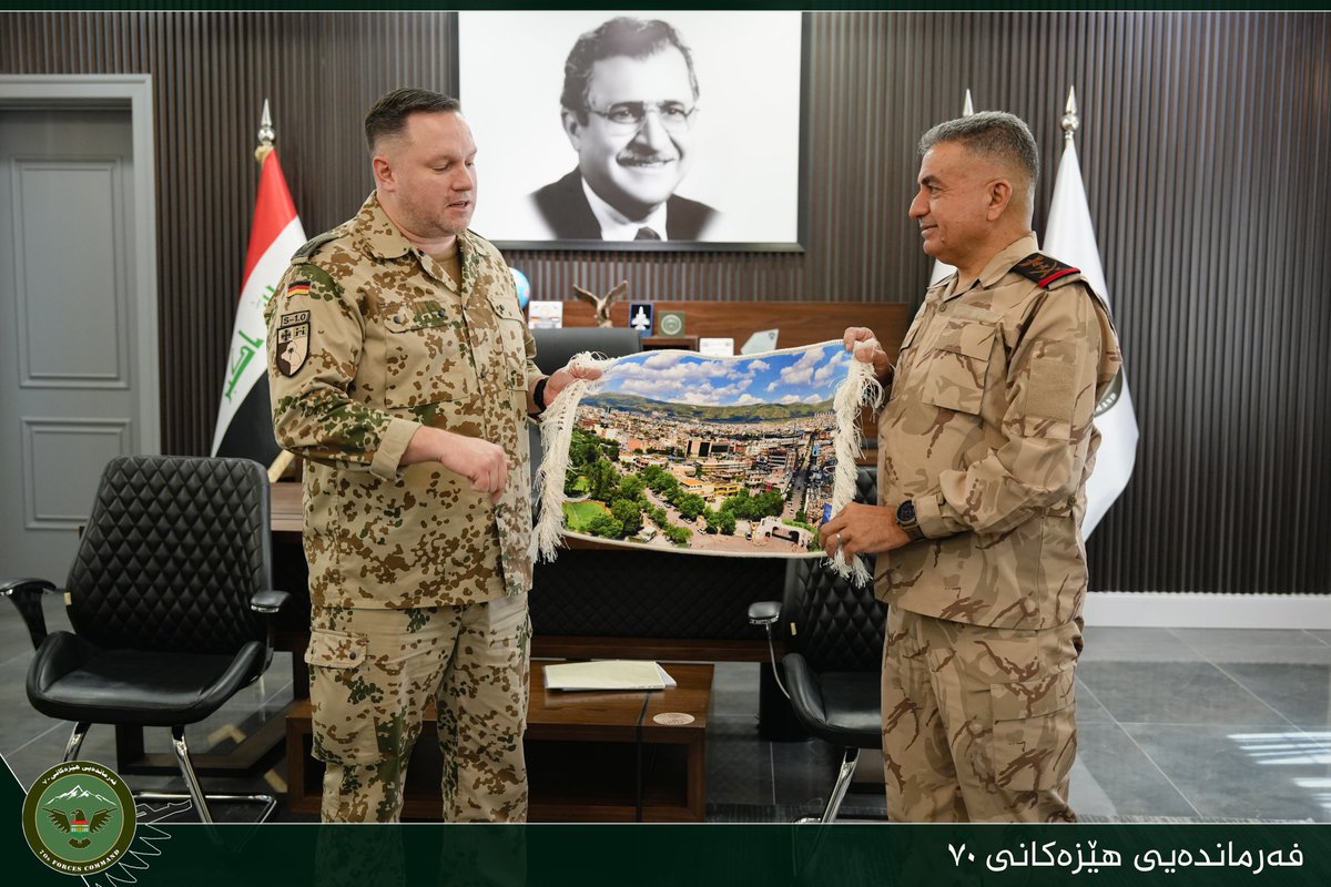 AreaCommad2's tweet photo. Staff Lt. Gen. Omar Salih Hassan, Commander of Forces 70, received Lt. Col. Rüdiger, a military advisor to the German military contingent in the Kurdistan Region, and his delegation on Sept. 14. The visit marked the conclusion of Rüdiger’s mission in the Region.

The two sides discussed the unification of the Peshmerga forces and recent progress. Staff Lt. Gen. Hassan commended Germany’s contributions to the Global Coalition to Defeat ISIS, including medical assistance, logistical support and training.

Staff Lt. Gen. Hassan expressed appreciation to German Armed Forces personnel for their continued support of Peshmerga unification efforts. The meeting concluded with an exchange of gifts as a gesture of mutual respect and partnership.