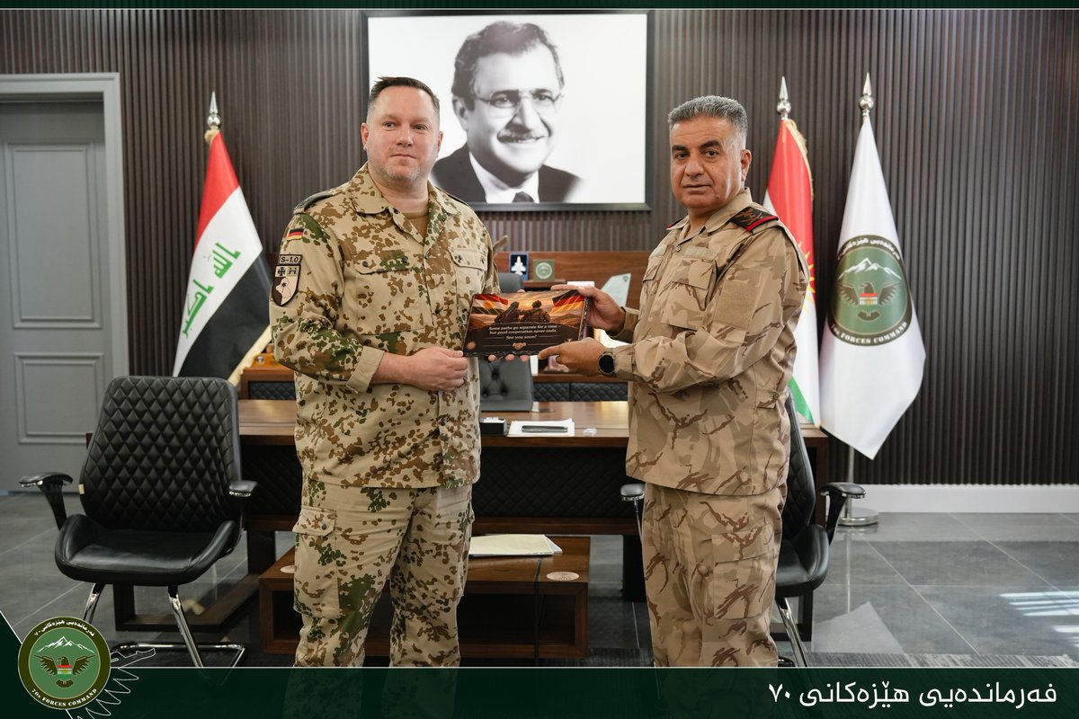 AreaCommad2's tweet photo. Staff Lt. Gen. Omar Salih Hassan, Commander of Forces 70, received Lt. Col. Rüdiger, a military advisor to the German military contingent in the Kurdistan Region, and his delegation on Sept. 14. The visit marked the conclusion of Rüdiger’s mission in the Region.

The two sides discussed the unification of the Peshmerga forces and recent progress. Staff Lt. Gen. Hassan commended Germany’s contributions to the Global Coalition to Defeat ISIS, including medical assistance, logistical support and training.

Staff Lt. Gen. Hassan expressed appreciation to German Armed Forces personnel for their continued support of Peshmerga unification efforts. The meeting concluded with an exchange of gifts as a gesture of mutual respect and partnership.