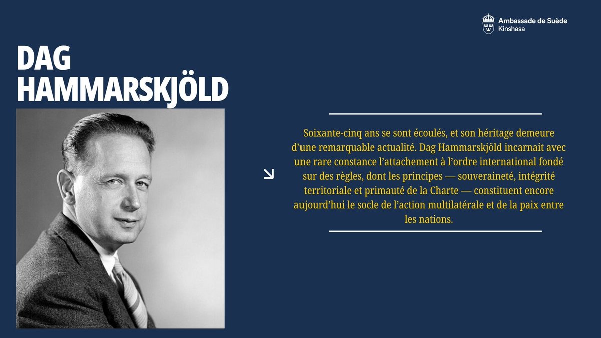 SwedeninDRCongo's tweet photo. L’@SwedeninDRCongo participera à la 65ᵉ Commémoration de la mort de Dag Hammarskjöld les 17–18 septembre à Ndola, réaffirmant l’engagement de la Suède en faveur de la paix et de la coopération multilatérale. https://t.co/0q8M8yXInr