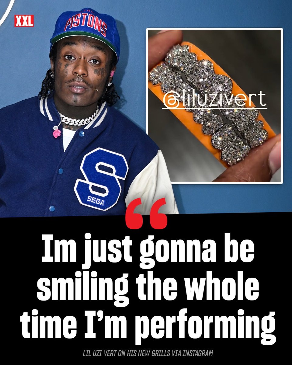 XXL's tweet photo. Lil Uzi Vert shows off their new set of custom diamond grills designed by Saint Jewels. 💎

“Im just gonna be smiling the whole time I’m performing.”

🎥 saintjewels/IG https://t.co/7WnCW7PrVZ