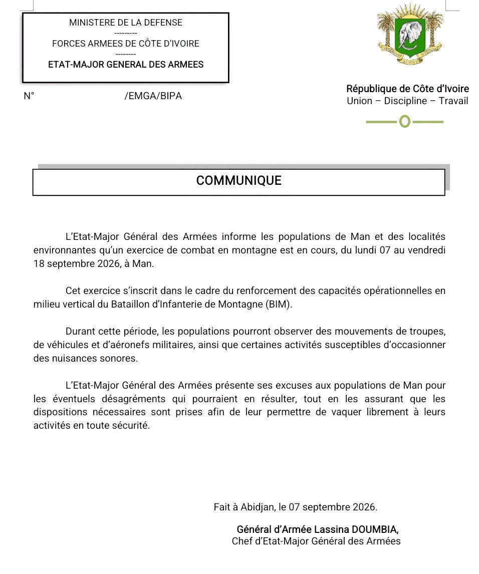 Cotedivoireoff_'s tweet photo. Coopération Côte d’Ivoire - France : Du 7 au 17 septembre 2026, le Bataillon d’infanterie montagne des FACI-Forces Armées de Côte d’Ivoire et un détachement de Chasseurs  alpins français s’entraînent ensemble à Man dans la région du Tonkpi .  

Ce partenariat militaire opérationnel vise à renforcer les compétences des deux armées en montagne et à améliorer leur interopérabilité sur le plan tactique.