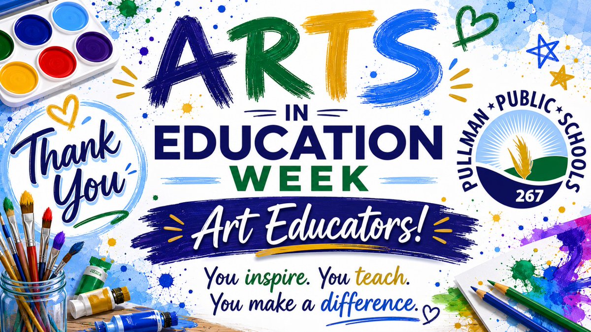 PullmanSD's tweet photo. 🎨 Arts in Education Week celebrates the power of creativity, self-expression, and learning through the arts. Thank you to our amazing art teachers for inspiring students and helping their creativity shine every day! #ArtsInEducationWeek #PROUD2bePSD https://t.co/zd401Q0vG7