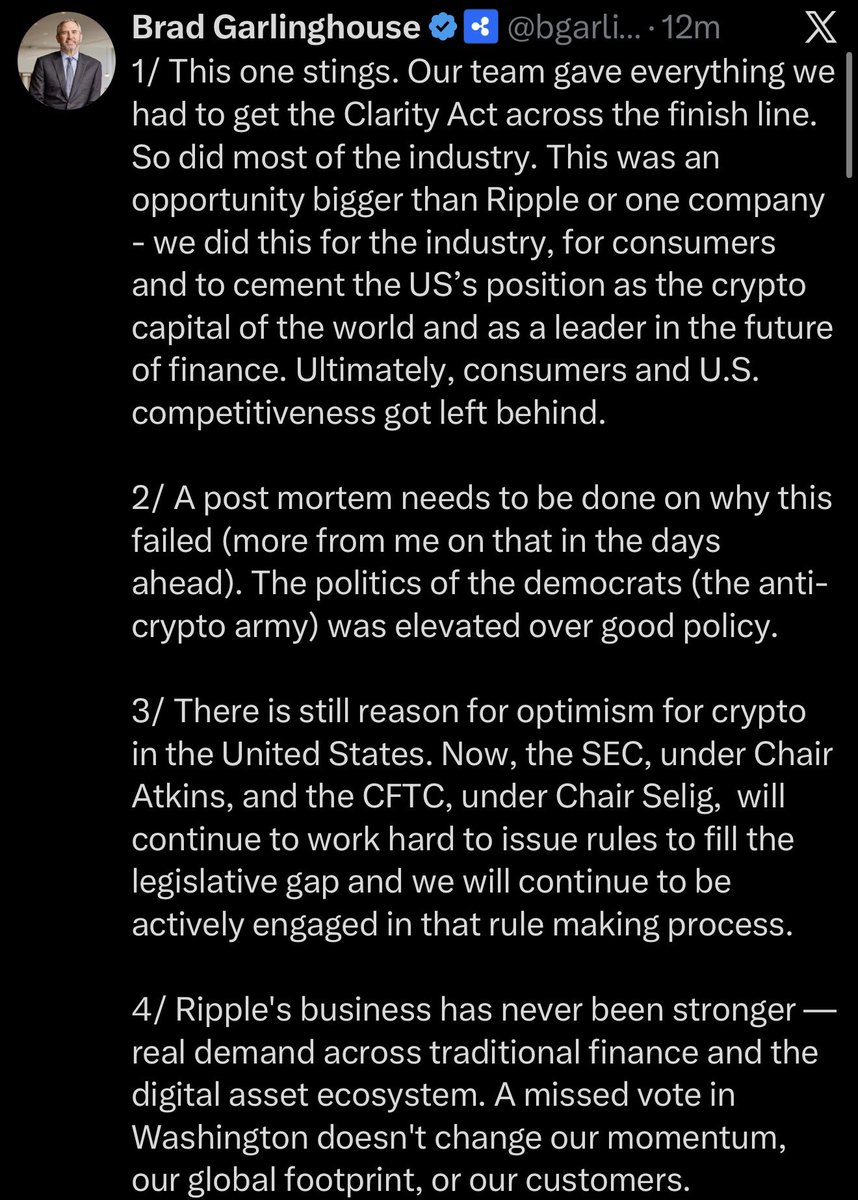 RippleXrpie's tweet photo. JUST IN: 🇺🇸 CEO of Ripple Brad Garlinghouse says "Now, the SEC and CTFC will regulate the crypto market."

Translation: Crypto holders will win anyway. https://t.co/9WAFfTpooR