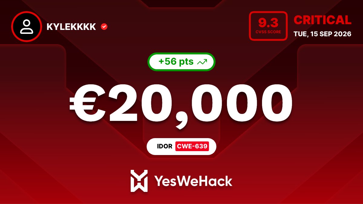 kyle_wu's tweet photo. Just got a reward for a critical vulnerability submitted on @yeswehack -- Insecure Direct Object Reference (IDOR) (CWE-639).  #YesWeRHackers https://t.co/BZeR5zogov