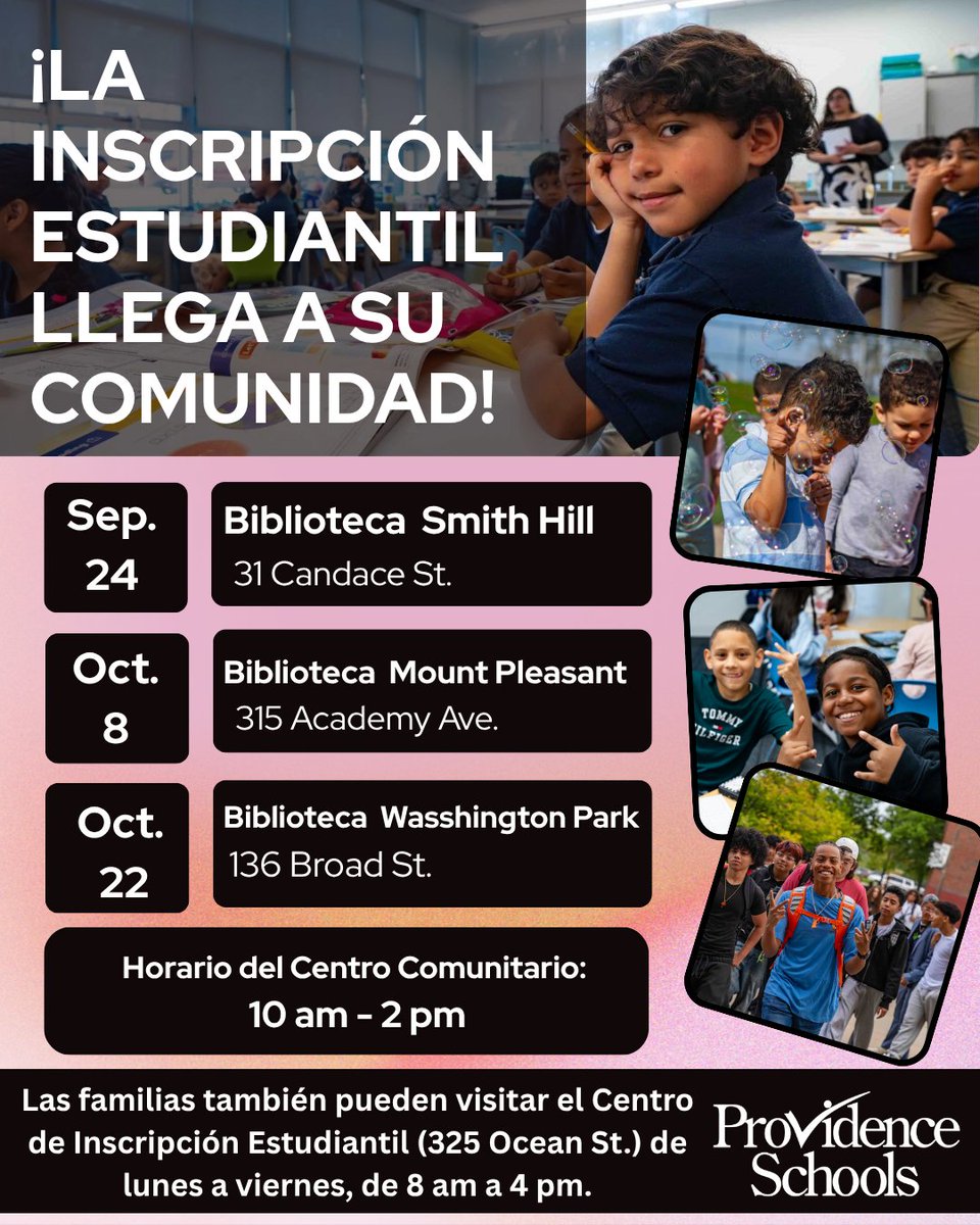 pvdschools's tweet photo. ¿Necesitas inscribir a tu hijo/a en las Escuelas Públicas de Providence? 

Durante las próximas semanas, estaremos llevando la inscripción más cerca de las familias a través de nuestros Centros Comunitarios de Inscripción en diferentes lugares de la ciudad. https://t.co/KaQHES4EU7