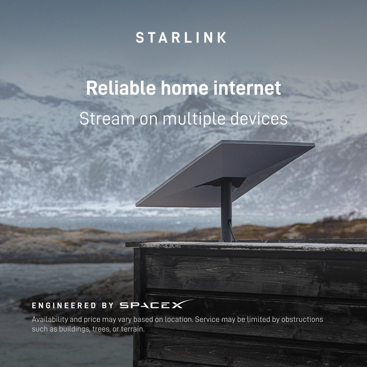 Starlink's tweet photo. Get fast, reliable home internet for seamless streaming, working from home, gaming, and more across multiple devices.

Order online in minutes.