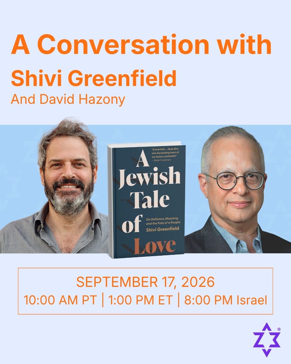 z3_project's tweet photo. Tomorrow: What has kept the Jewish people alive across centuries of exile, upheaval and uncertainty?

Join Shivi Greenfield, Z3 Institute Adjunct Fellow and author of A Jewish Tale of Love, in conversation with @davidhazony, Director of the Z3 Institute.

They’ll explore Greenfield’s argument that Jewish survival has depended not only on belief, power or territory, but on a demanding form of love that binds individual lives to a shared people and a shared destiny.

📅 Thursday, September 17
🕙 10:00 AM PT | 1:00 PM ET | 8:00 PM Israel

There’s still time to join us. 
Register here: https://t.co/tYEzjW3QXm