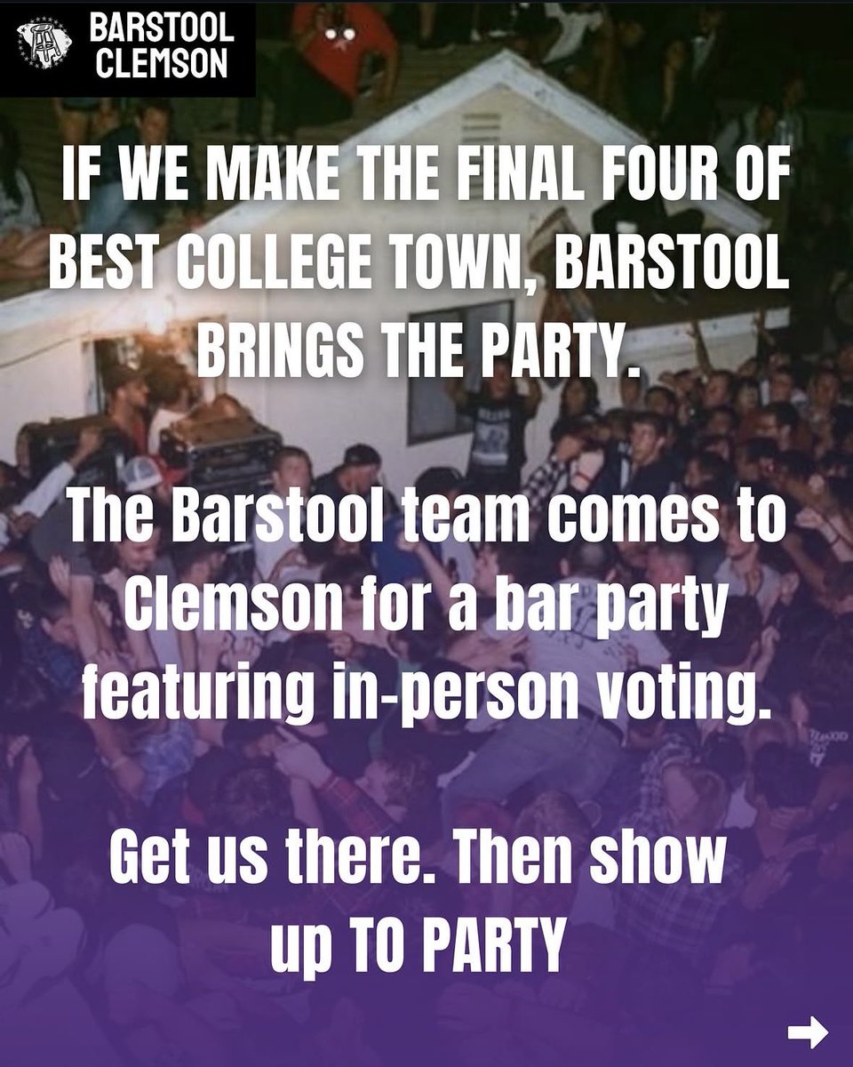 BarstoolClemson's tweet photo. We’re getting DESTROYED by Champaign right now, Clemson fam!

GO MAKE SURE TO VOTE!!!

Like &amp; retweet our pinned tweet and text CLEMSON to 90448

#ClemsonBCT https://t.co/BhHbNdJoZr