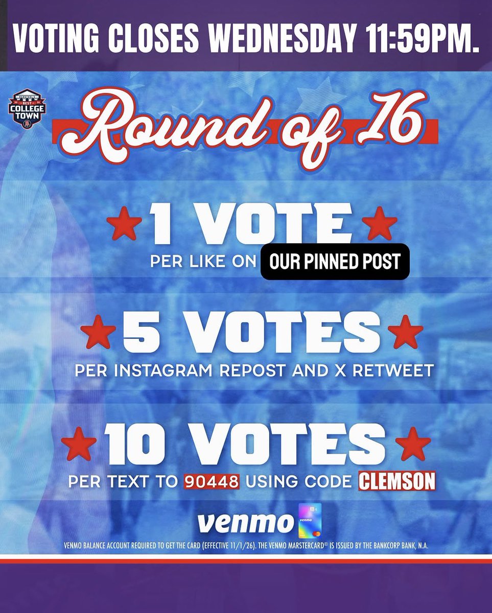 BarstoolClemson's tweet photo. We’re getting DESTROYED by Champaign right now, Clemson fam!

GO MAKE SURE TO VOTE!!!

Like &amp; retweet our pinned tweet and text CLEMSON to 90448

#ClemsonBCT https://t.co/BhHbNdJoZr